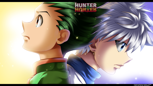 Anime picture 2122x1193 with hunter x hunter killua zaoldyeck gon freaks hikarinogiri highres short hair blue eyes wide image brown eyes silver hair profile green hair sunlight inscription multiple boys coloring close-up boy 2 boys