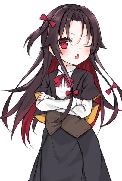 Anime picture 1378x2039 with ryuuou no oshigoto! yashajin ai hashiko no woto single long hair tall image looking at viewer blush black hair simple background red eyes standing white background one eye closed multicolored hair two-tone hair one side up crossed arms colored inner hair girl