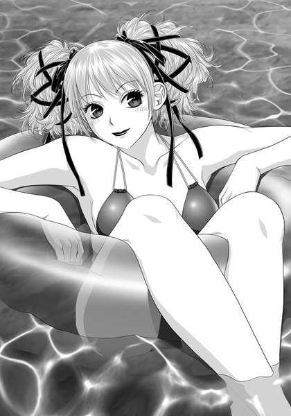 Anime picture 841x1200 with original toshiki yui single tall image looking at viewer blush short hair light erotic twintails grey hair grey eyes monochrome short twintails afloat girl ribbon (ribbons) swimsuit hair ribbon bikini swim ring
