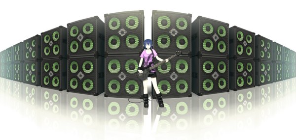 Anime picture 3000x1429 with original sakais3211 single looking at viewer fringe highres short hair wide image standing aqua hair reflection pale skin playing instrument girl skirt boots headphones thigh boots t-shirt musical instrument