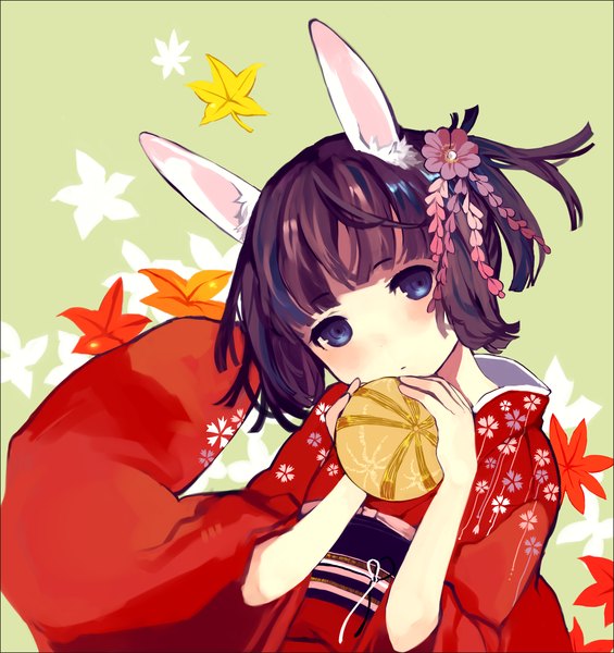 Anime picture 1987x2111 with original tan (tangent) single tall image blush highres simple background purple eyes animal ears purple hair japanese clothes hair flower girl hair ornament belt kimono leaf (leaves) kanzashi