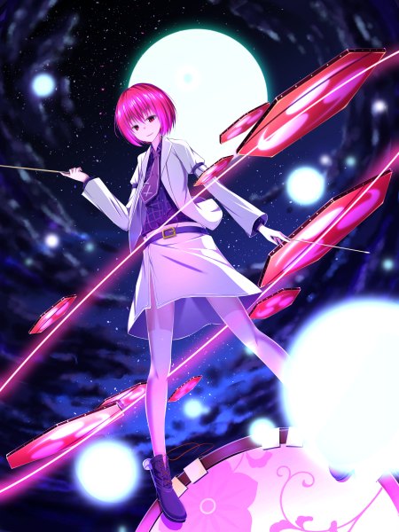 Anime picture 900x1200 with touhou horikawa raiko waterdog single tall image short hair smile pink hair cloud (clouds) pink eyes night sparkle night sky girl skirt necktie boots moon full moon