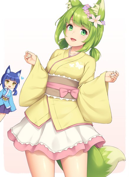 Anime picture 760x1040 with original sasaame long hair tall image looking at viewer blush fringe open mouth simple background standing twintails multiple girls green eyes animal ears yellow eyes payot blue hair tail blunt bangs traditional clothes