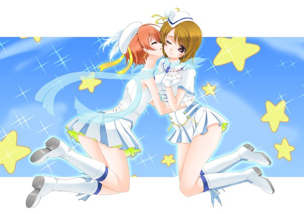 Anime picture 1920x1358 with love live! school idol project sunrise (studio) love live! hoshizora rin koizumi hanayo frapowa highres short hair brown hair purple eyes multiple girls full body eyes closed orange hair shoujo ai kiss cheek kiss girl skirt 2 girls