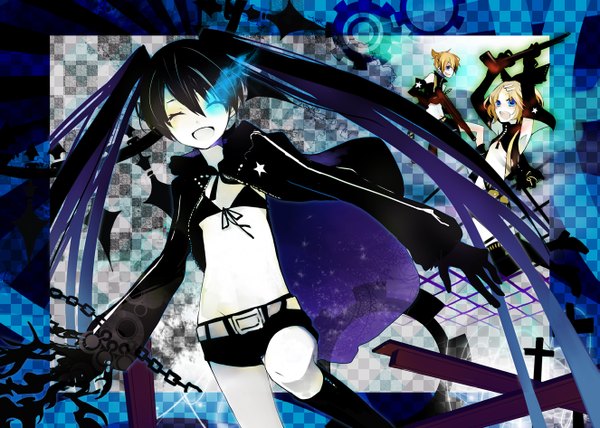Anime picture 1325x946 with black rock shooter vocaloid kagamine rin kagamine len black rock shooter (character) musou yuchi short hair open mouth blue eyes black hair blonde hair twintails bare shoulders multiple girls eyes closed very long hair armpit (armpits) glowing glowing eye (eyes) twins