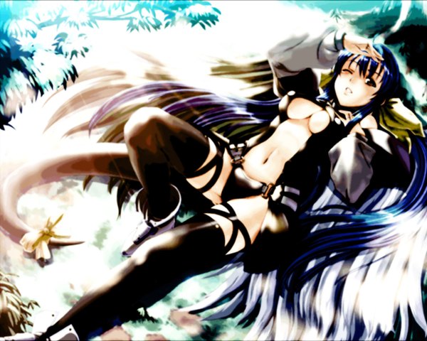 Anime picture 1280x1024 with guilty gear dizzy (guilty gear) open mouth light erotic blue hair cleavage tail lying parted lips sunlight angel wings center opening gothic thighhighs navel bow black thighhighs plant (plants) hair bow wings
