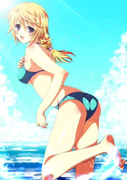 Anime picture 1280x1810 with infinite stratos 8bit charles dunois ka2 (artist) single long hair tall image looking at viewer blush fringe open mouth light erotic blonde hair hair between eyes purple eyes bare shoulders sky cloud (clouds) bent knee (knees) looking back
