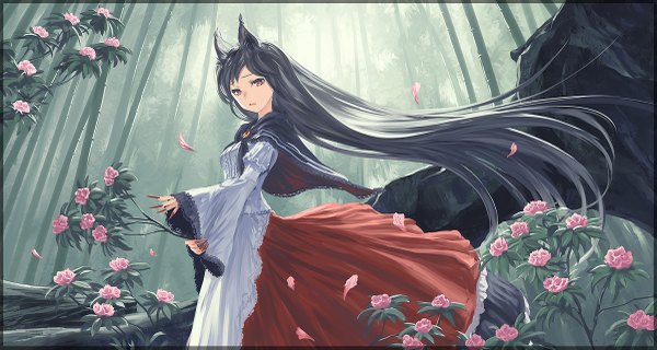 Anime-Bild 1200x641 mit touhou imaizumi kagerou yamamomo (plank) single open mouth black hair red eyes wide image standing holding animal ears outdoors very long hair fingernails looking down long fingernails wolf ears fog bamboo forest dress