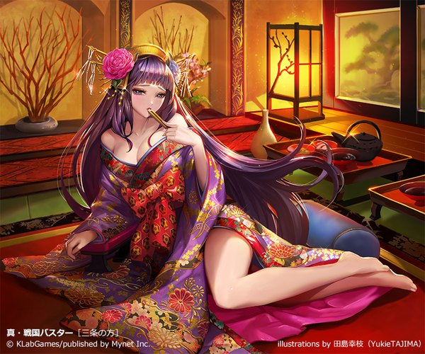 Anime picture 800x667 with shin sengoku buster klabgames yuki tajima single long hair looking at viewer fringe breasts light erotic large breasts purple eyes bare shoulders signed purple hair bent knee (knees) indoors blunt bangs traditional clothes head tilt japanese clothes