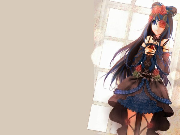 Anime picture 1252x939 with original currypan99 single long hair blue eyes simple background brown hair standing bare shoulders blue hair looking away multicolored hair hair flower two-tone hair lacing goth-loli gothic girl dress hair ornament