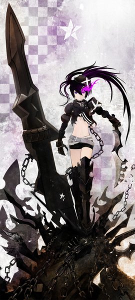 Anime picture 1587x3516 with black rock shooter insane black rock shooter single long hair tall image looking at viewer black hair purple eyes glowing glowing eye (eyes) checkered background girl weapon sword shorts thigh boots chain