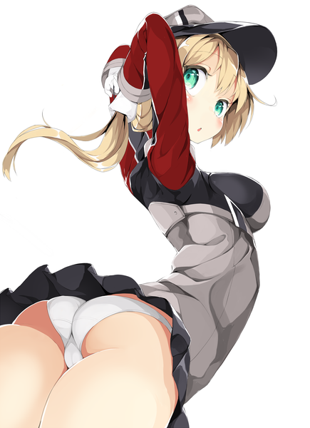 Anime picture 2544x3504 with kantai collection prinz eugen (kantai collection) mafu9 single long hair tall image blush fringe highres breasts light erotic blonde hair simple background white background twintails green eyes ass looking back turning head adjusting hair