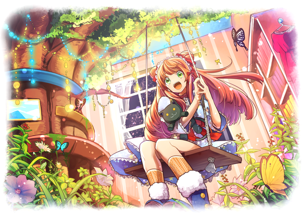 Anime picture 2006x1416 with original 778-go single long hair looking at viewer highres open mouth smile green eyes orange hair night girl dress flower (flowers) bow plant (plants) tree (trees) socks window book (books)