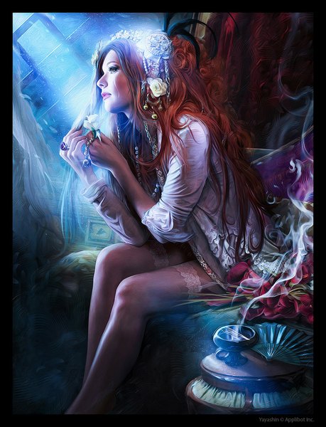 Anime picture 765x1000 with legend of the cryptids yayashin single long hair tall image blue eyes hair flower lips orange hair realistic light smoke framed girl thighhighs hair ornament flower (flowers) white thighhighs jewelry ring