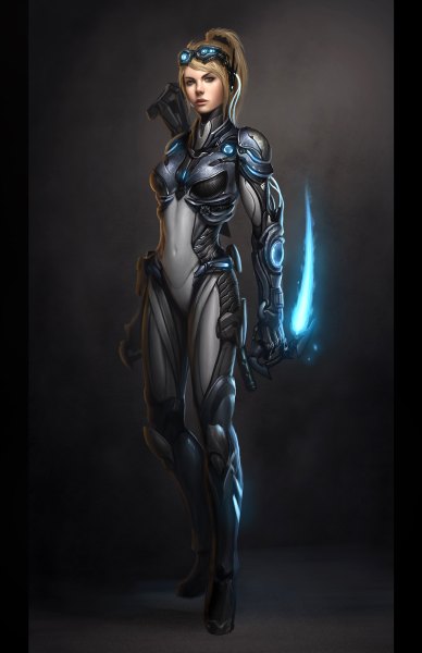 Anime picture 776x1200 with starcraft blizzard entertainment nova (starcraft) paul (shiramune) single long hair tall image looking at viewer breasts blue eyes simple background blonde hair standing lips realistic energy blade girl weapon gun suit