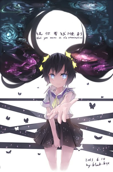 Anime picture 750x1134 with vocaloid hatsune miku single long hair tall image blush fringe blue eyes black hair smile standing twintails pleated skirt wind short sleeves outstretched arm girl skirt insect butterfly