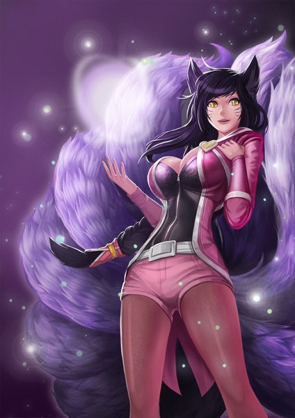 Anime picture 1200x1697 with league of legends ahri (league of legends) goomrrat single long hair tall image breasts large breasts animal ears yellow eyes looking away purple hair tail facial mark multiple tails whisker markings girl pantyhose shorts belt