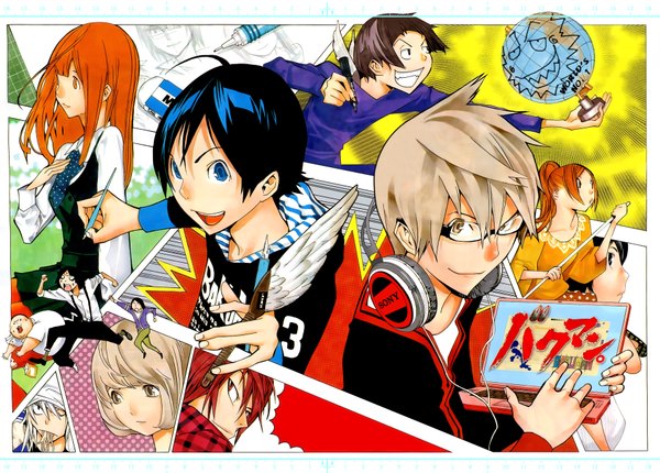 Anime picture 1812x1300 with bakuman. j.c. staff tagme (character) mashiro moritaka akito takagi azuki miho fukuda shinta nizuma eiji aoki yuriko kaya miyoshi kazuya hiramaru nakai takuro toru nanamine long hair highres short hair open mouth blue eyes black hair blonde hair