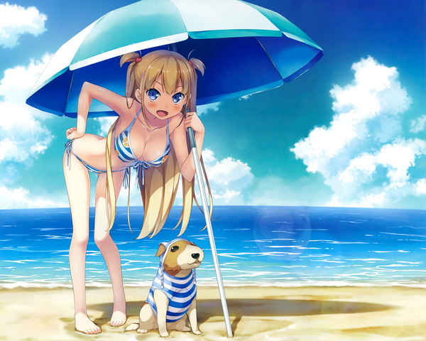 Anime picture 3542x2838 with koi suru kanojo no bukiyou na butai alice third macy kantoku single long hair looking at viewer blush highres breasts open mouth blue eyes light erotic blonde hair bare shoulders absurdres sky cloud (clouds) scan shadow two side up