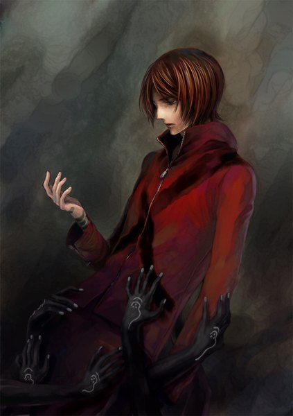 Anime picture 720x1020 with persona persona 2 suou tatsuya joka (night gate) single tall image short hair simple background brown hair profile grey background tattoo looking down boy jacket hands