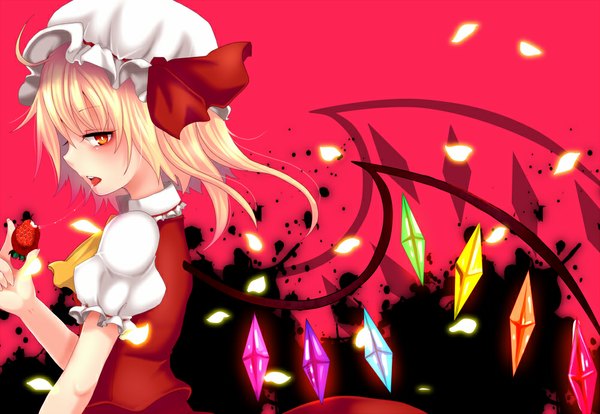 Anime picture 1000x691 with touhou flandre scarlet fua yuu single short hair open mouth blonde hair red eyes girl dress petals wings food bonnet berry (berries) crystal strawberry