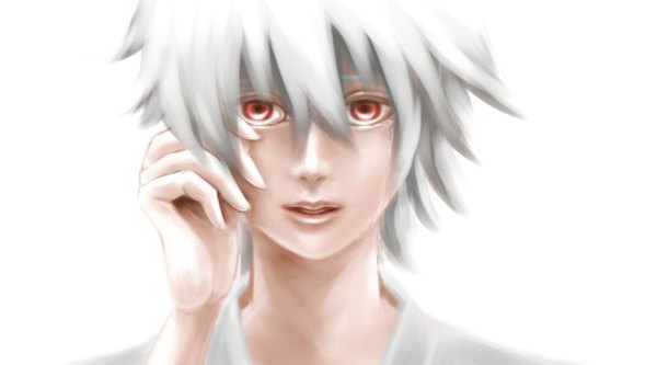 Anime picture 1260x701 with neon genesis evangelion gainax nagisa kaworu imino single short hair simple background red eyes wide image white background white hair tears face crying boy