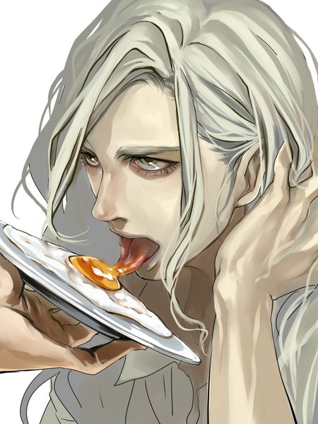 Anime picture 768x1024 with tiger & bunny sunrise (studio) yuri petrov kuro chiikawa single long hair tall image light erotic blonde hair simple background white background grey eyes sexually suggestive boy tongue plate fried eggs