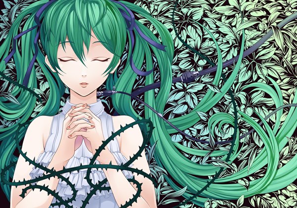 Anime picture 1000x700 with vocaloid hatsune miku torigoe takumi long hair twintails eyes closed nail polish green hair girl plant (plants) wire (wires) thorns