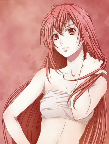 Anime picture 845x1113 with zetsuen no tempest studio bones kusaribe hakaze arukeshi single long hair tall image looking at viewer smile red eyes bare shoulders pink hair bare belly girl insect butterfly
