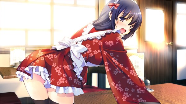 Anime picture 1280x720 with pocket ni koi o tsumete long hair blush open mouth black hair wide image brown eyes game cg traditional clothes maid girl thighhighs black thighhighs
