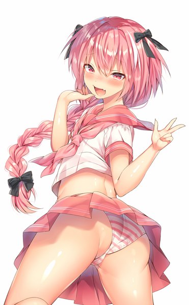 Anime picture 1000x1616 with fate (series) fate/grand order fate/apocrypha astolfo (fate) ntk (7t5) single long hair tall image looking at viewer blush fringe open mouth light erotic simple background smile white background pink hair ass braid (braids) :d