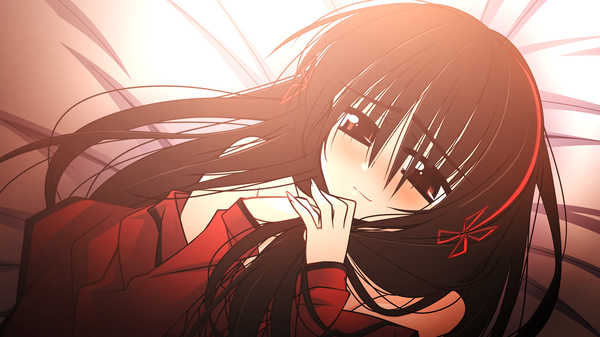 Anime picture 1280x720 with nemureru hana wa haru o matsu (game) long hair blush black hair red eyes wide image game cg girl