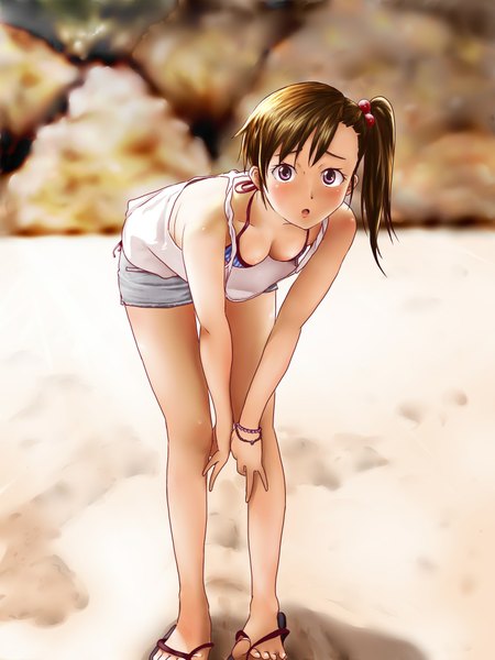 Anime picture 1500x2000 with idolmaster futami mami kamui (summer-illusion) single tall image looking at viewer blush fringe open mouth light erotic brown hair standing purple eyes ponytail :o legs side ponytail bent over girl hair ornament