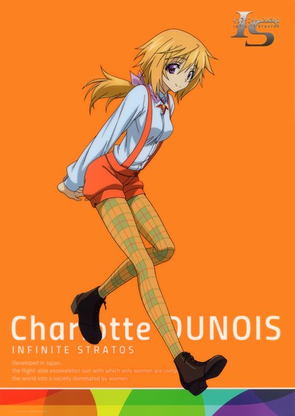 Anime picture 2781x3914 with infinite stratos 8bit charles dunois single long hair tall image highres blonde hair purple eyes scan official art plaid orange background girl shirt pantyhose shorts boots