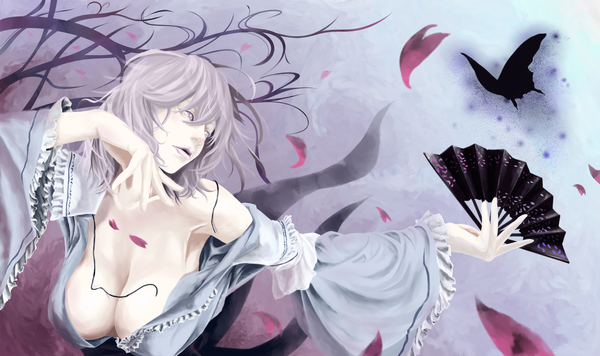 Anime picture 1820x1080 with touhou saigyouji yuyuko akaikitsune highres short hair breasts light erotic wide image large breasts cleavage grey hair grey eyes girl petals insect butterfly branch fan