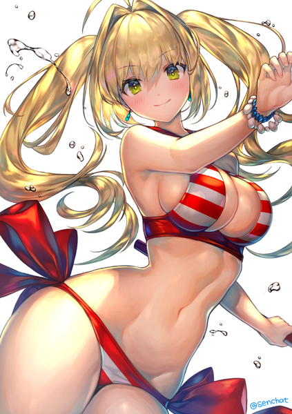 Anime picture 587x831 with fate (series) fate/grand order fate/extra nero claudius (fate) (all) nero claudius (swimsuit caster) (fate) senchat single long hair tall image looking at viewer blush fringe breasts light erotic simple background blonde hair smile hair between eyes large breasts white background