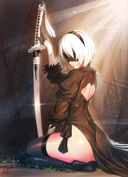 Anime picture 870x1200 with nier nier:automata yorha no. 2 type b suerte single tall image fringe highres short hair light erotic sitting signed full body ass white hair sunlight mole high heels puffy sleeves back