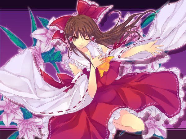 Anime picture 1389x1041 with touhou hakurei reimu brown hair brown eyes girl