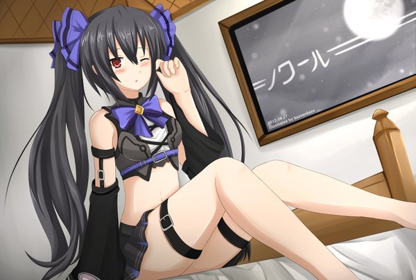 Anime picture 1781x1200 with choujigen game neptune kami jigen game neptune v noire kazenokaze long hair looking at viewer highres black hair red eyes twintails one eye closed wink midriff sleepy girl navel bow hair bow detached sleeves miniskirt