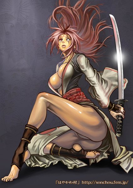 Anime picture 884x1250 with guilty gear baiken hayakawa sonchou single long hair tall image breasts light erotic simple background red eyes large breasts pink hair cleavage red hair traditional clothes japanese clothes open clothes tattoo heterochromia scar