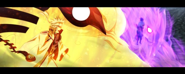 Anime picture 3233x1297 with naruto studio pierrot naruto (series) uzumaki naruto uchiha sasuke kurama (kyuubi) tremblax highres short hair open mouth black hair blonde hair wide image orange eyes coloring magic facial mark letterboxed jinchuriki demon