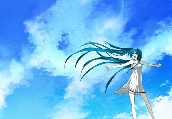 Anime picture 1893x1313 with vocaloid hatsune miku koshian (hishino) single looking at viewer highres open mouth twintails blue hair sky cloud (clouds) very long hair aqua eyes wind spread arms girl dress white dress short dress sundress