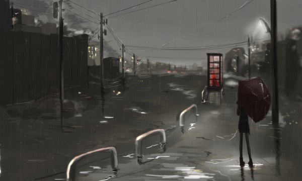 Anime picture 1400x840 with original kikivi single wide image from behind rain girl blood umbrella puddle traffic lights