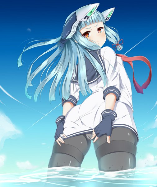Anime picture 1000x1188 with kantai collection murakumo destroyer kenmomose single long hair tall image light erotic red eyes standing blue hair sky cloud (clouds) looking back pantyshot partially submerged hands behind back tress ribbon girl gloves hair ornament