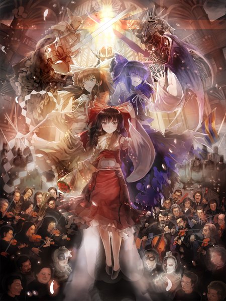 Anime picture 1485x1980 with touhou hakurei reimu ultimate asuka long hair tall image blush smile brown hair purple eyes brown eyes purple hair light miko multiple persona knight orchestra girl skirt bow hair bow