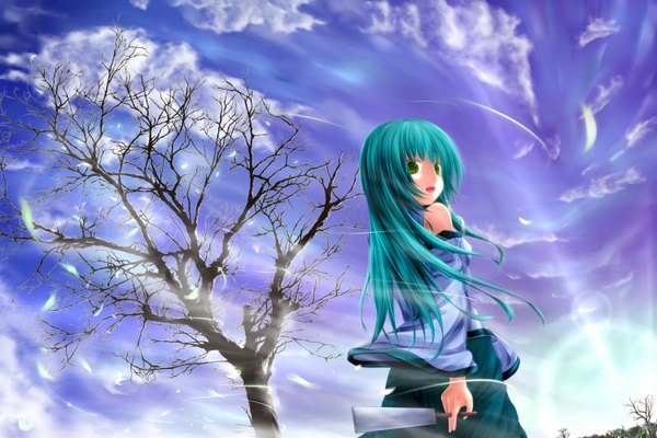 Anime picture 1500x1000 with touhou kochiya sanae husky (artist) single long hair bare shoulders green eyes sky cloud (clouds) looking back girl dress plant (plants) detached sleeves tree (trees)