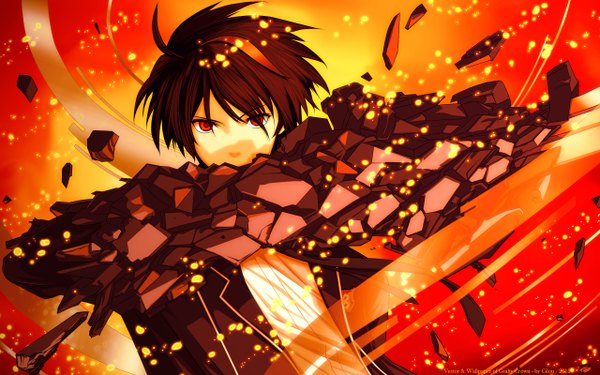 Anime picture 2560x1600 with guilty crown production i.g ouma shu tagme (artist) single looking at viewer highres short hair red eyes brown hair wide image broken boy uniform weapon school uniform sword fire