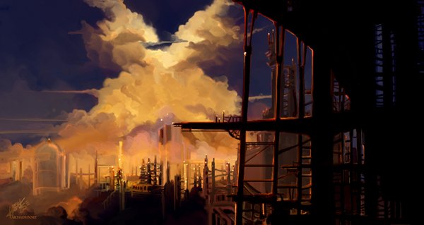 Anime picture 1600x853 with original archaenon (artist) wide image sky cloud (clouds) city smoke cityscape explosion