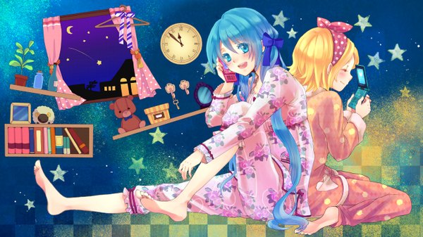 Anime picture 1280x720 with vocaloid hatsune miku kagamine rin koyami tsukito long hair looking at viewer blush short hair open mouth blue eyes blonde hair smile wide image sitting twintails multiple girls holding blue hair sky profile