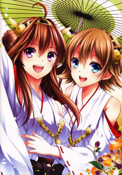 Anime picture 2441x3500 with kantai collection kongou battleship hiei battleship ringo ame long hair tall image looking at viewer highres short hair open mouth blue eyes brown hair purple eyes bare shoulders multiple girls ahoge traditional clothes scan nontraditional miko shared umbrella
